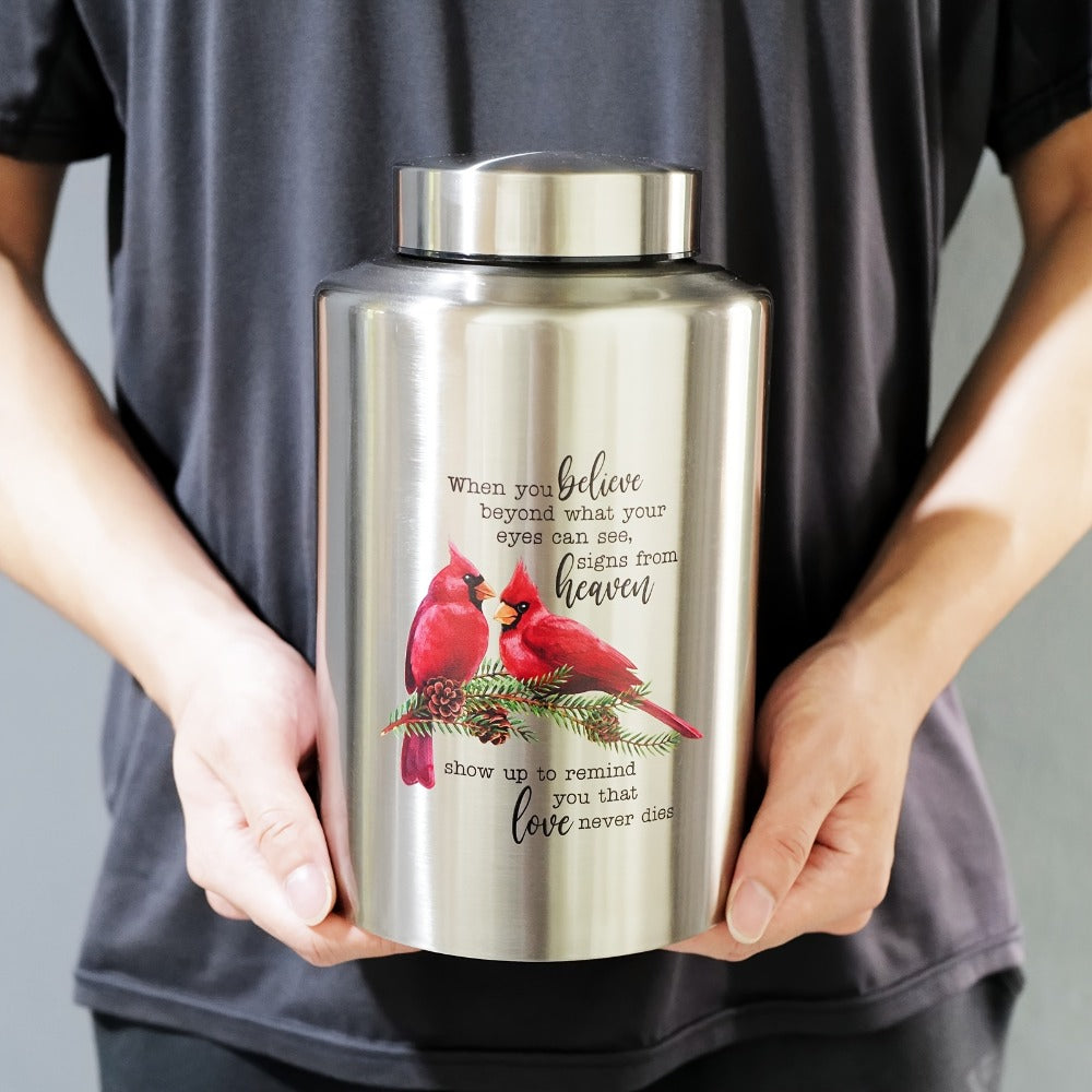 Cremation Urns for Human Ashes Large ¨C Stainless Steel Memorial Urn Holds 220 lbs, Decorative Butterfly Cardinal Fairy Design, Screw Lid & Seal Ring, Velvet Pouch Included, Adult Funeral Keepsake Urn