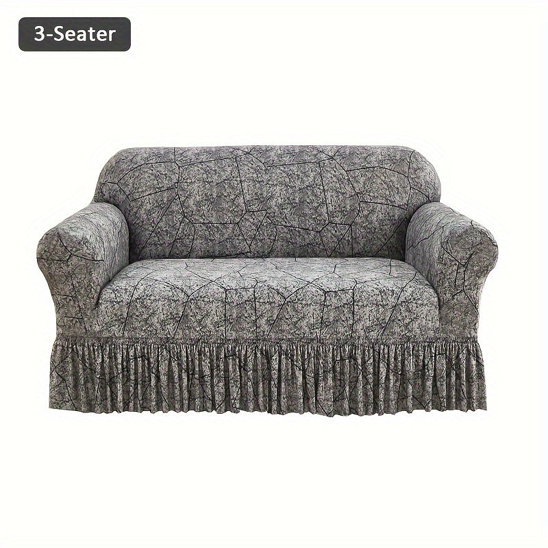 Printed Elastic Skirt Sofa Cover Modern Hem Design Stretch Sofa Slipcover Protective Furniture Cover for Living Room Single 2 3 4 Seater Machine Washable