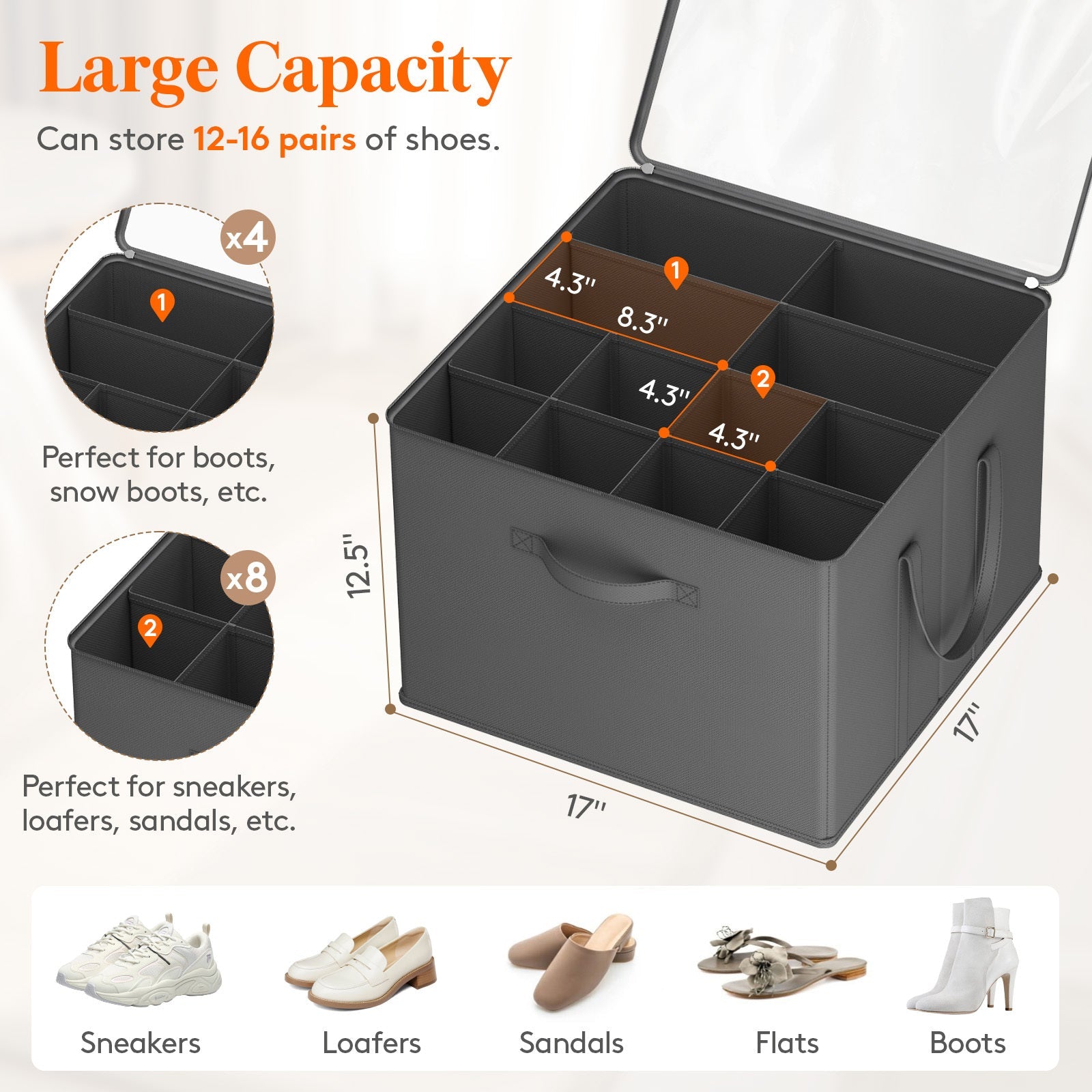 Shoe Storage Organizer with Clear Cover ¨C Foldable Shoe Box for Closet, Fits 12-16 Pairs, Reinforced Handles, Dust-Proof Non-Woven Fabric, Space-Saving Stackable Design for Boots Heels Sneakers, 1/2/3 Pack