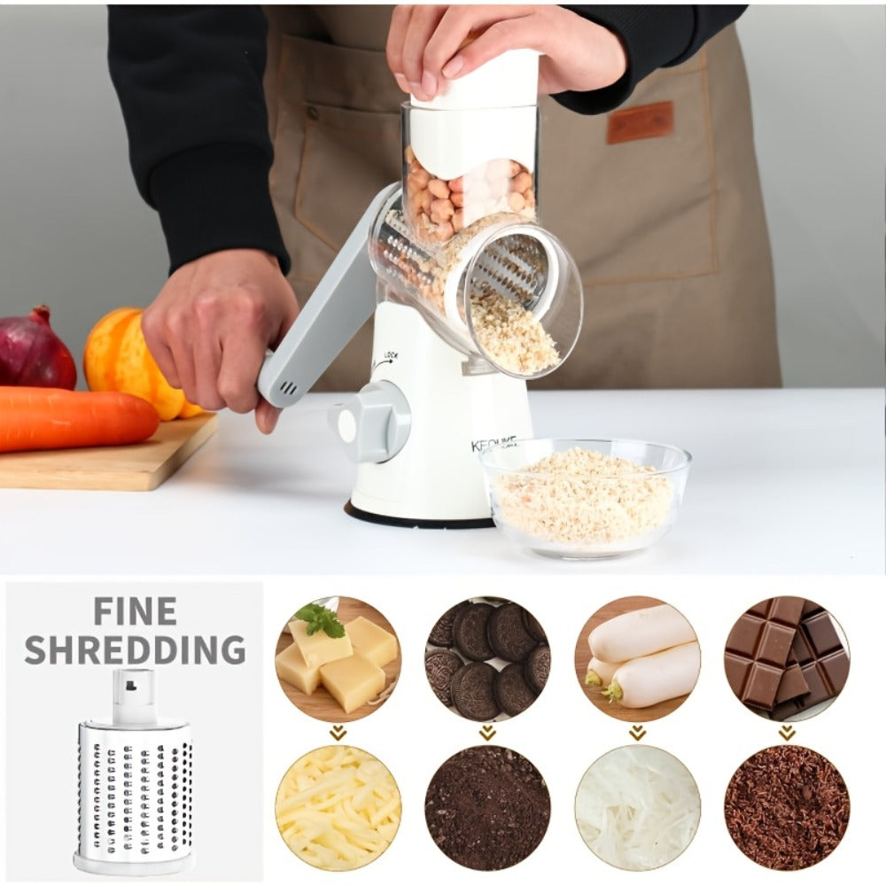 Rotary Cheese Grater with Hand Crank ¨C 3 Interchangeable Blades for Cheese, Vegetables & Nuts, Non-Slip Suction Base, Includes Cleaning Brush ¨C Manual Cheese Shredder for Kitchen (6 Colors)