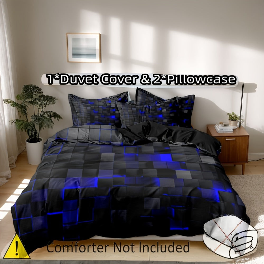 Duvet Cover Set Queen King Twin Full 3D Geometric Cube Print | 3-Piece Polyester Bedding Set | Black Blue Grid Pattern | All-Season Soft Quilt Cover + 2 Pillowcases | Machine Washable