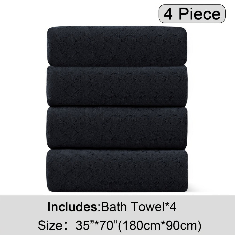 Oversized Bath Towel Set 4 Piece Diamond Pattern Microfiber - Ultra Soft Highly Absorbent Quick Dry | 10 Colors | Blue Green Black Gray Navy Orchid Brown Purple White Turquoise | Bathroom Hotel Gym Gift