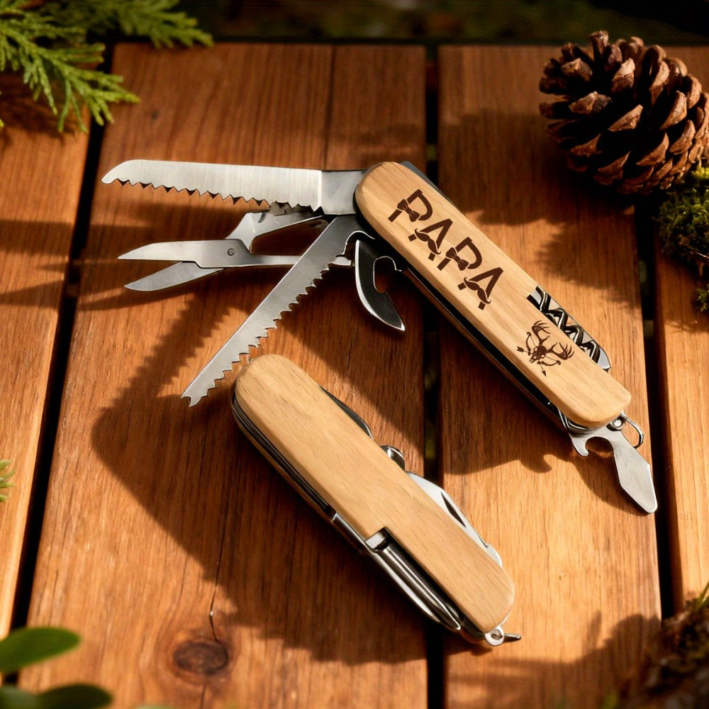9-in-1 Multi-Purpose Keychain Tool Wood Handle Portable EDC Pocket Tool with Scissors Screwdriver Bottle Opener for Camping Hiking Emergency Home Outdoor Survival Lightweight Durable