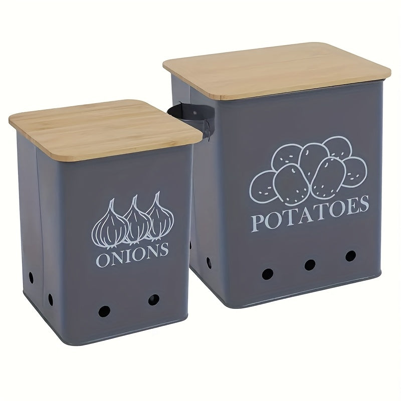 Kitchen Storage Canister Potato Onion Storage Bin Aerating Ventilation Holes Wooden Lid Multipurpose Kitchen Organizer for Onion Potato Fruit Vegetable Black White Grey Green