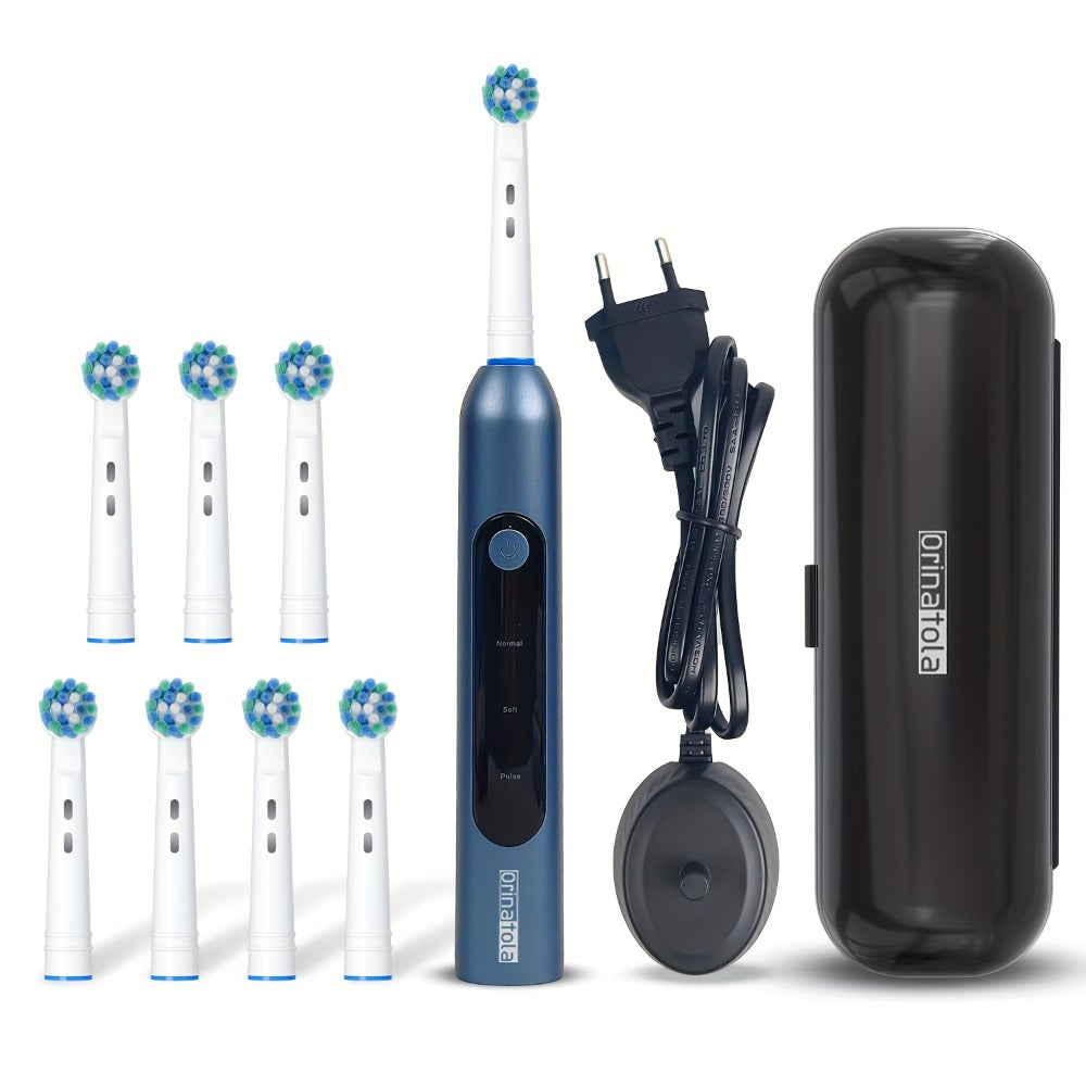 Rotating Electric Toothbrush with 8 Replacement Heads ¨C Wireless Induction Charging, 3 Cleaning Modes, IPX7 Waterproof, Oral Care Gift for Family, Friends & Parents ¨C Blue, Purple, Black