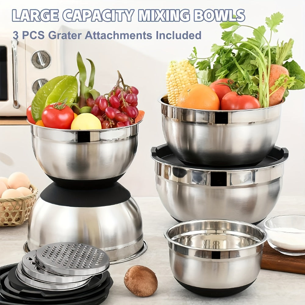 Stainless Steel Mixing Bowl Set with Airtight Lids & Non-Slip Silicone Base, 8-Piece Nesting Bowls for Baking Cooking Serving, Dishwasher Safe Kitchen Mixing Bowls with Lids for Food Storage