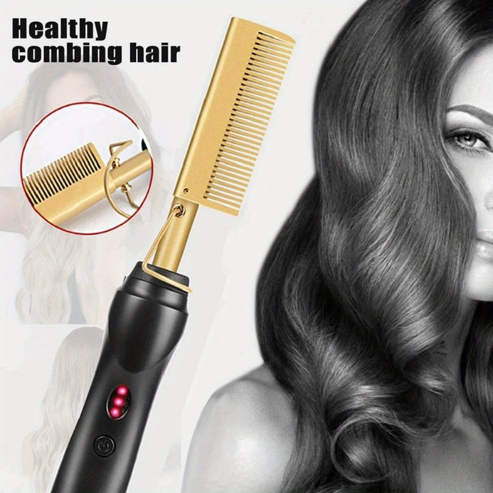 Electric Hot Comb Hair Straightener Ceramic Copper Heating Plate Portable Heat Press Comb for Curl Straight Style Beard Wig Wet Dry Hair Styling Tool for Women Men