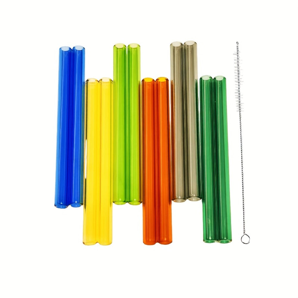 Glass Straws Reusable 12 Pack with Cleaning Brushes - Borosilicate Glass Drinking Straws 6 or 8 Inch, Clear & Colorful, Thick 12mm, Dishwasher Safe for Smoothies, Juice, Coffee & Cocktails
