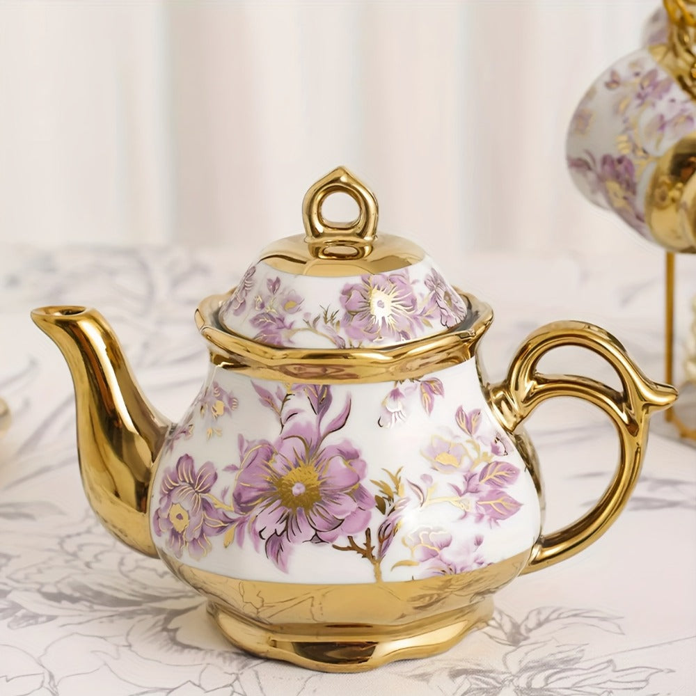 20-Piece Floral Ceramic Tea Set with Saucers & Metal Stand | European Afternoon Tea Service, Blooming Design, Complete Tea Accessories, Gift for Tea Lovers