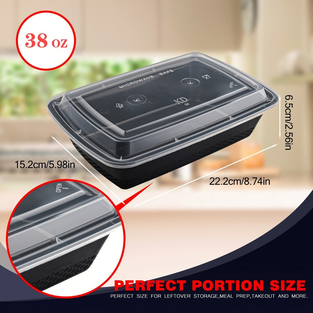 Meal Prep Containers 38oz Black Rectangular Disposable Bento Box Bulk Set - Stackable Leakproof Food Storage with Lids Microwave Dishwasher Freezer Safe for Takeout Catering Picnic Lunch
