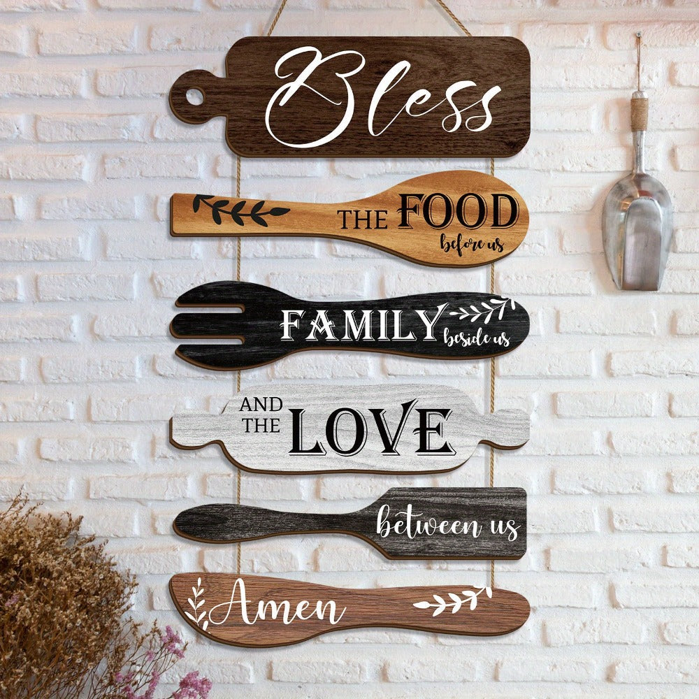 Farmhouse Wall Decor Wood Sign Set - ¡±Bless The Food Before Us¡± Rustic Kitchen Dining Room Hanging Plaque, 6-Piece Rope Wood Board Art, Housewarming Thanksgiving Gift for Home