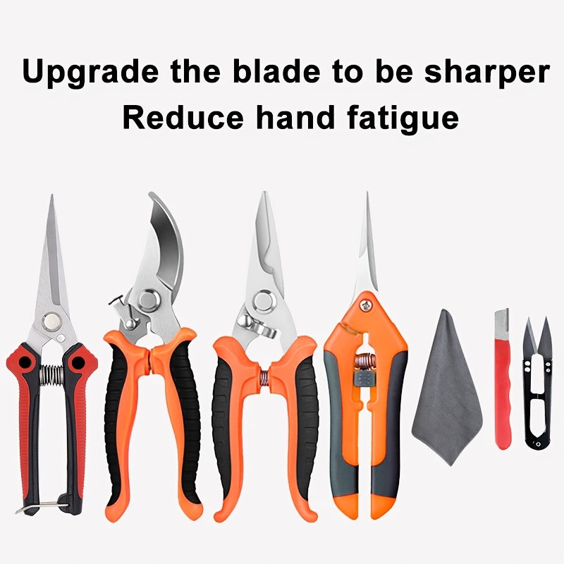 Gardening Pruning Tool Set 8 Piece Stainless Steel | Pruning Shears Scissors Pliers Ergonomic Handle with Wiping Cloth | Lawn Tree Garden Care Kit Orange Yellow Green