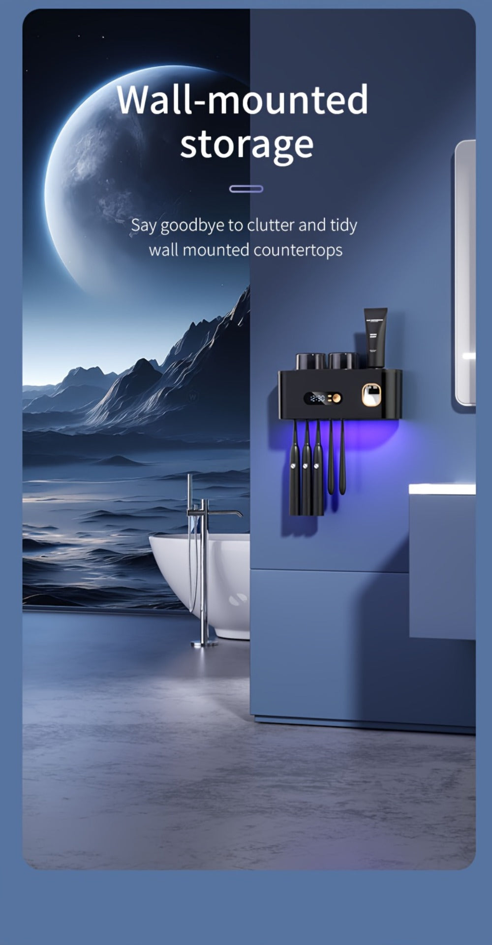 Toothbrush Holder with UV Sterilizer & Automatic Toothpaste Dispenser ¨C 5-Slot Smart Bathroom Organizer with 2 Cups, USB Rechargeable, Clock Display, Durable Plastic Wall Mount for Family Oral Care