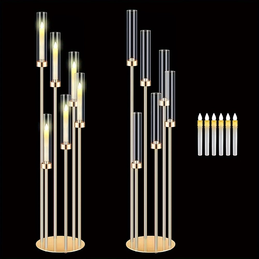 Floor Candelabra 6-Arm 46 Inch Gold Metal Candlestick Set with 12pcs LED Candles & Acrylic Shades, Tall Wedding Centerpiece Candle Holder for Valentine's Day Anniversary Party Home Decor