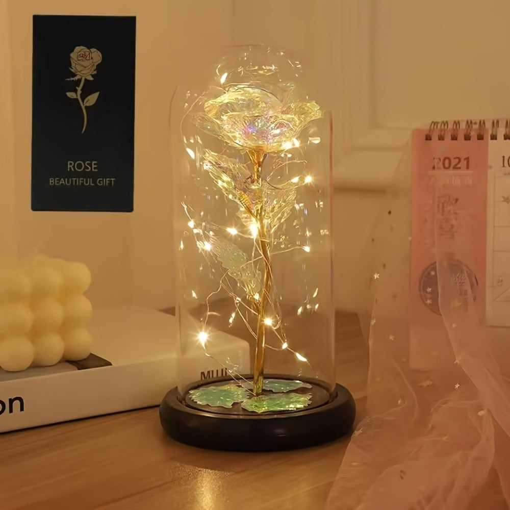 LED Rose Flower in Glass Dome, Eternal Foil Rose with LED Light, Romantic Valentine's Day Gift for Girlfriend, Mother's Day Wedding Bridesmaid Desktop Decoration, Battery Powered