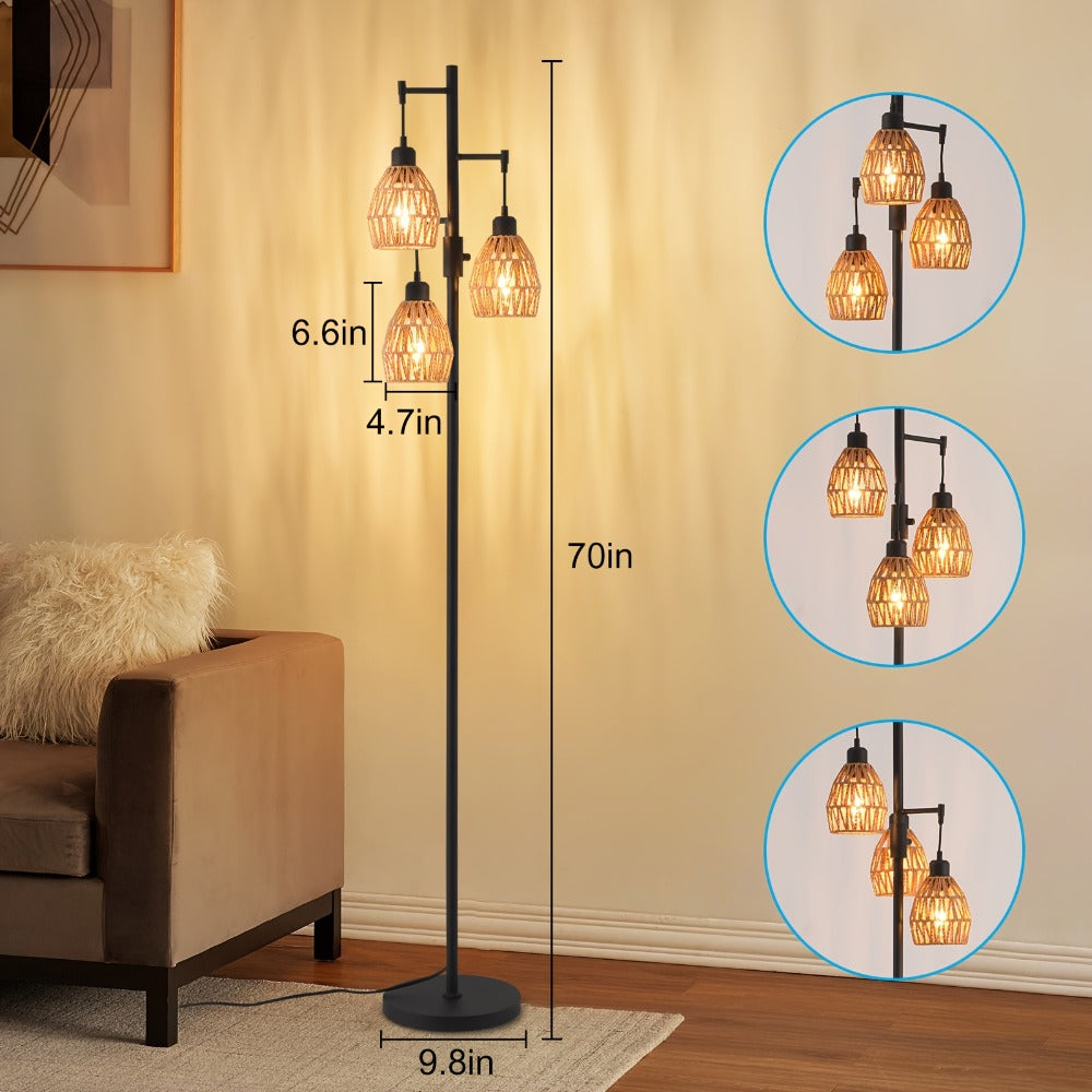 Boho Rattan Floor Lamp Dimmable ¨C 3-Light Stepless Dimming Standing Lamp with Natural Rattan Shade & Metal Base for Living Room, Bedroom, Dining Room ¨C Warm Bohemian Home Lighting