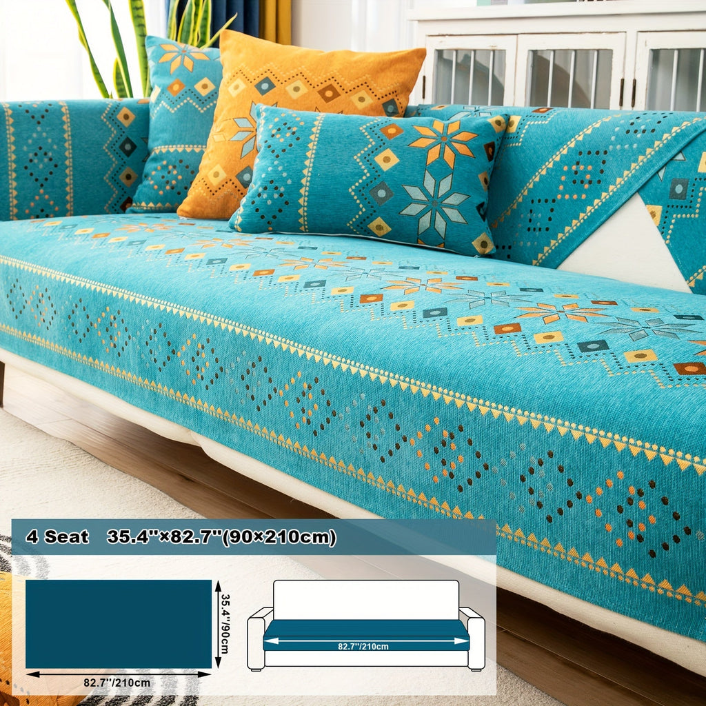 Bohemian Chenille Sofa Cover | Geometric Print Non-Slip Couch Slipcover, Thick Plush Boho Style, 1 to 4 Seat, Armrest & Backrest, Machine Washable, Sectional Sofa Protector