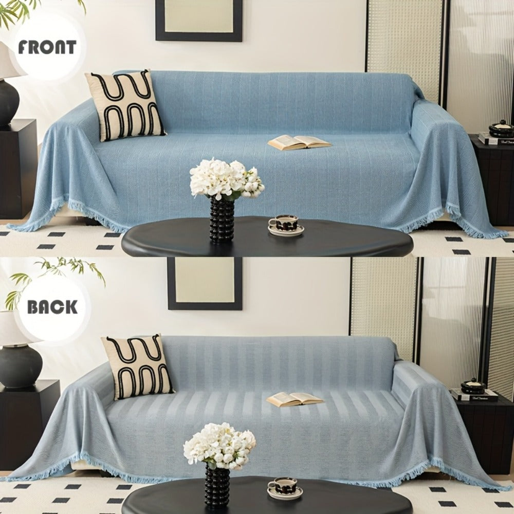 Herringbone Sofa Throw Cover with Tassels Jacquard Woven Solid Color Washable Polyester Sofa Blanket Slipcover for 3 4 Seater Couch Living Room - Grey Coffee Green Blue