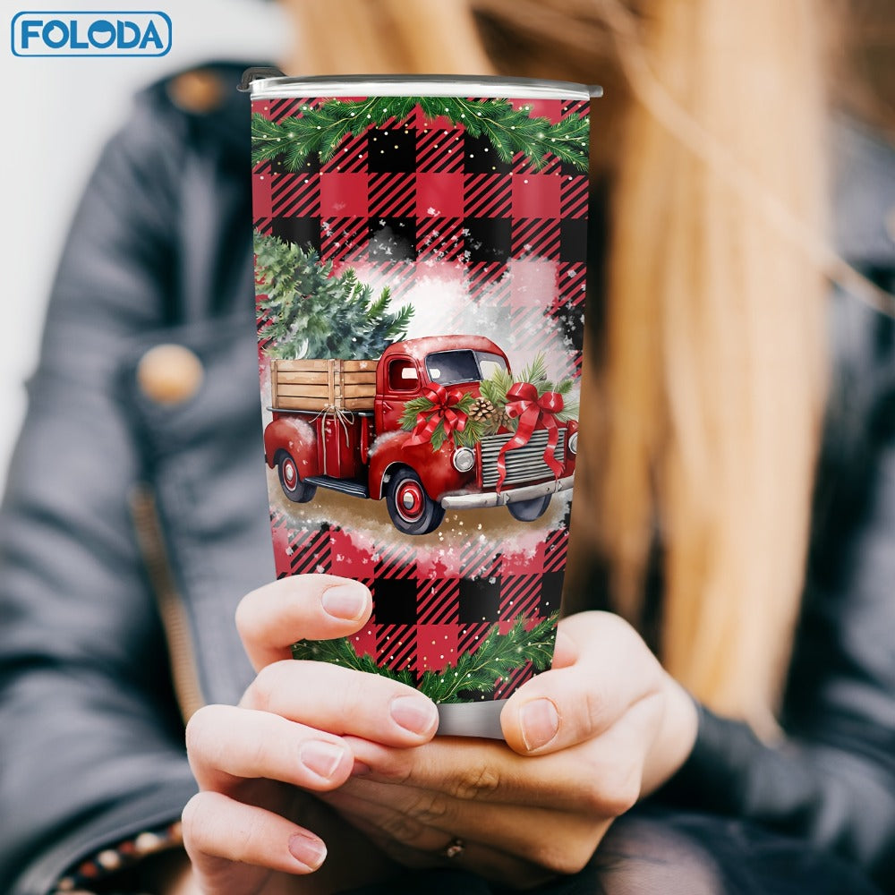 Christmas Tumbler 20oz Stainless Steel Insulated Travel Mug with Lid & Straw Holiday Xmas Patterns Red Truck Snowman Santa Gift for Men Women Friends Teachers