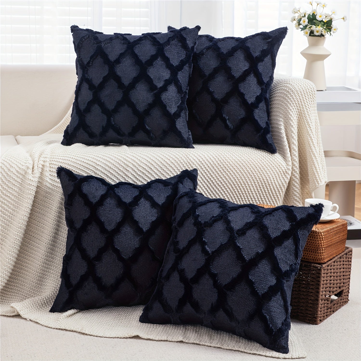 Decorative Pillow Covers 18x18 Set of 4 Boho Soft Plush Faux Wool Throw Pillow Cases with Zipper for Sofa Couch Bedroom Living Room - Luxury Cushion Covers
