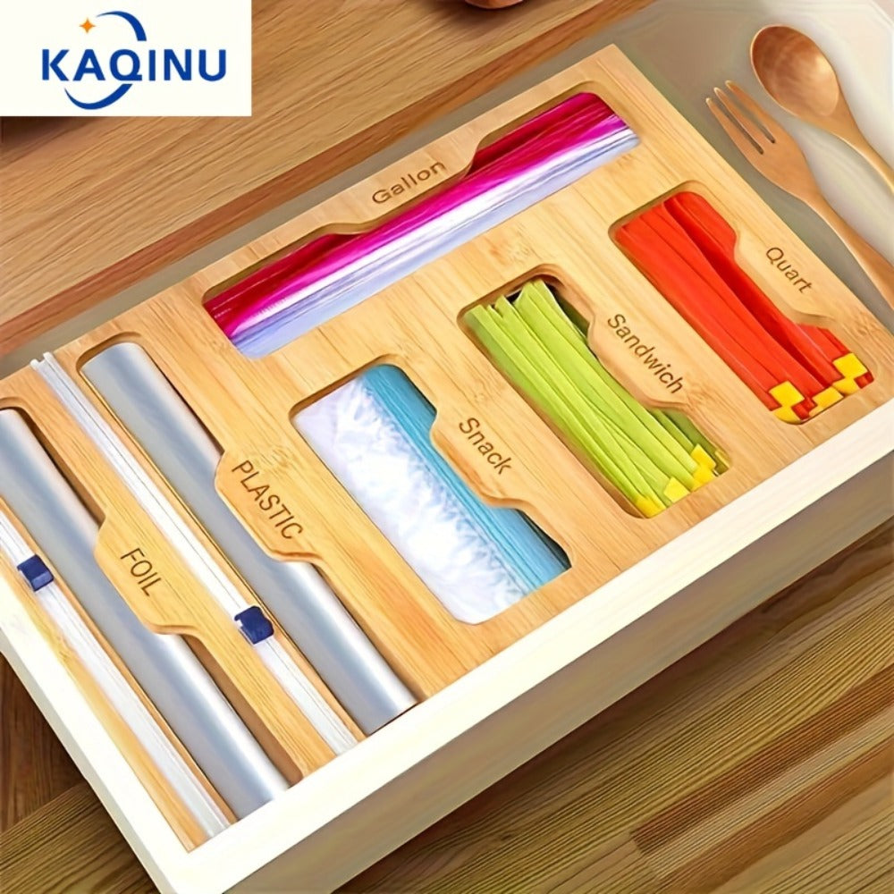Bamboo Kitchen Organizer 6-in-1 - Aluminum Foil Plastic Wrap Dispenser with Cutter Ziplock Bag Organizer for Kitchen Drawer Gallon Quart Sandwich Snack Bags Storage