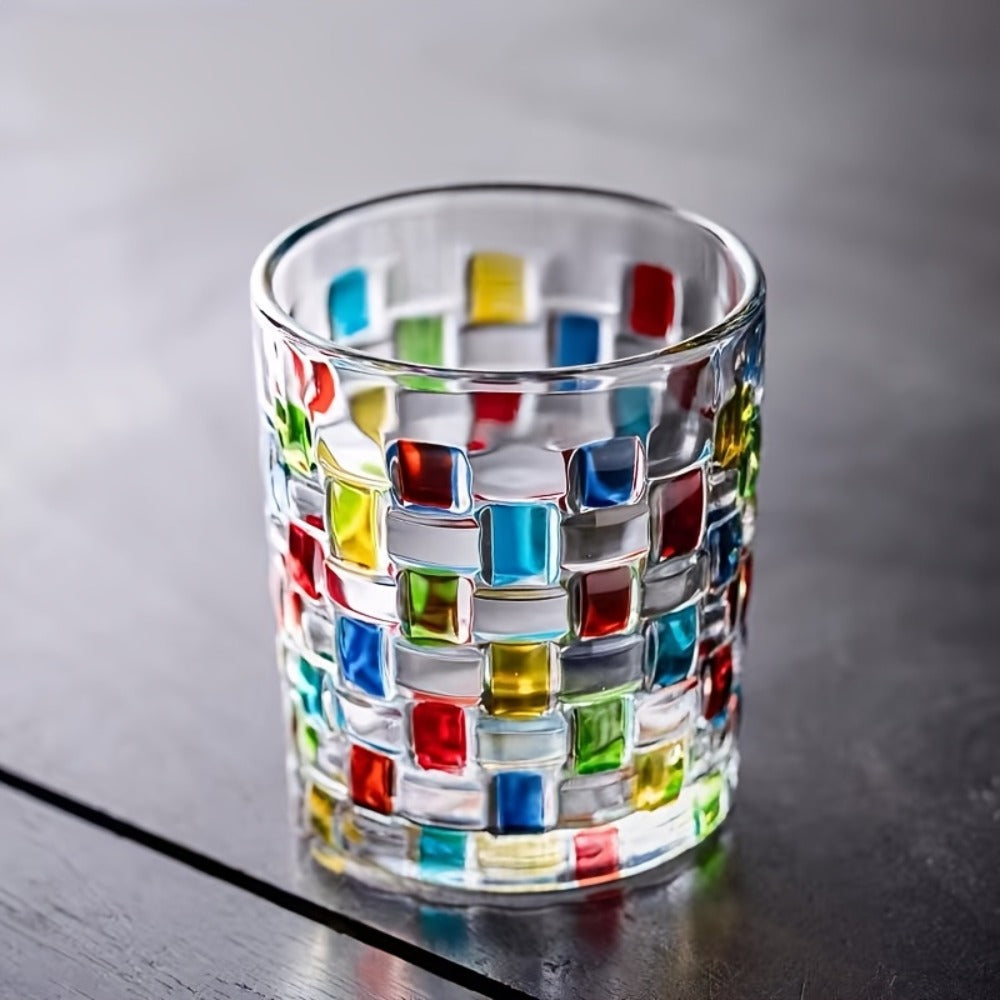 Hand-Painted Drinking Glasses Set ¨C Colorful Square Lattice Woven Handcrafted Glass for Water, Juice, Whiskey & Beer ¨C Artistic Decorative Glassware for Home Bar & Entertaining ¨C 2pc or 4pc