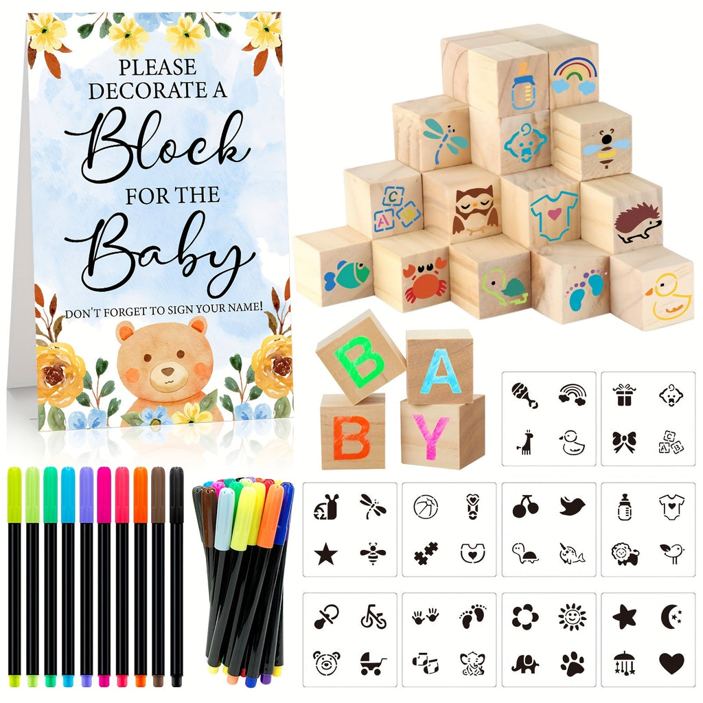 Wooden Block Stacking Game Party Kit 51pcs 30pcs ¨C Baby Shower Tumbling Tower Decoration Sign Set Classic Flower Greenery Fox Bear Style No Electricity