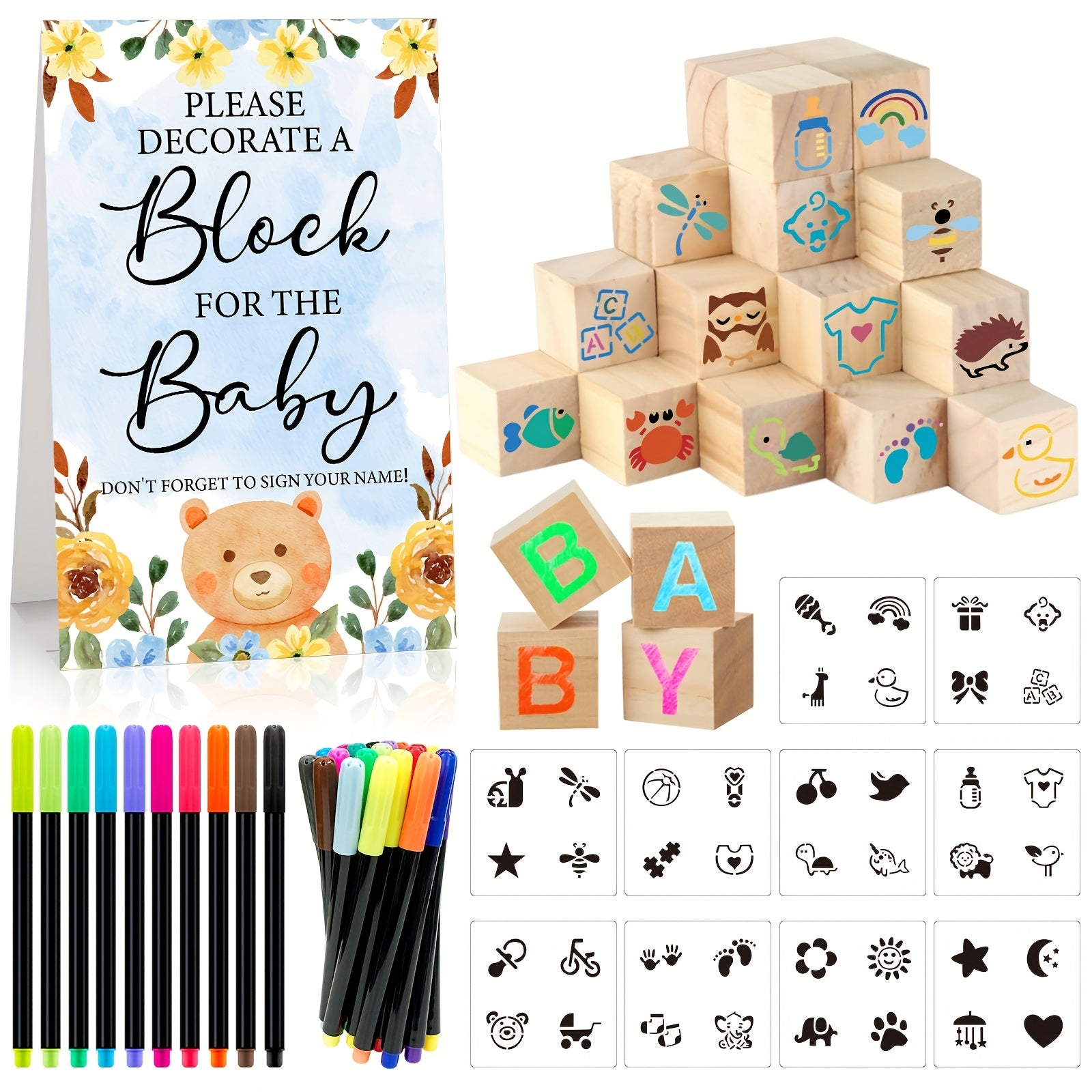 Wooden Block Stacking Game Party Kit 51pcs 30pcs ¨C Baby Shower Tumbling Tower Decoration Sign Set Classic Flower Greenery Fox Bear Style No Electricity