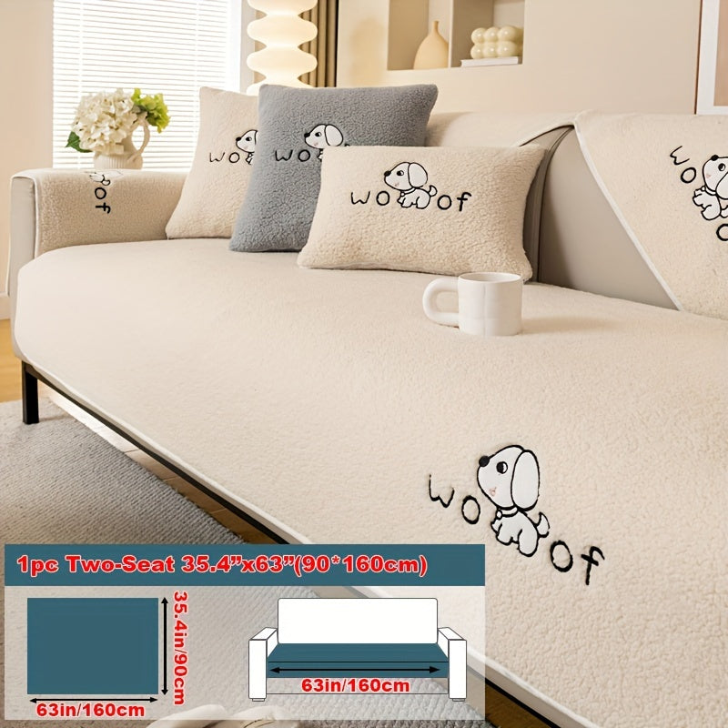 Sherpa Plush Sofa Cover Non-Slip | Thick Fleece Couch Protector, Pet Friendly Furniture Shield, 1 to 4 Seat, Armrest Backrest Pillowcase, Deep Gray Light Gray Coffee Off White