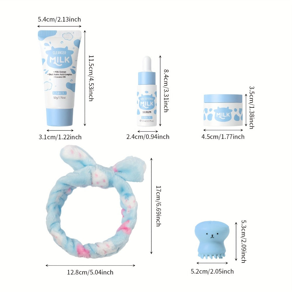 LAIKOU Milk Skincare Set 5pcs Hypoallergenic Moisturizing Face Care Routine Cleanser Serum Face Cream Cleansing Brush Hairband for All Skin Types Men Women Day Night