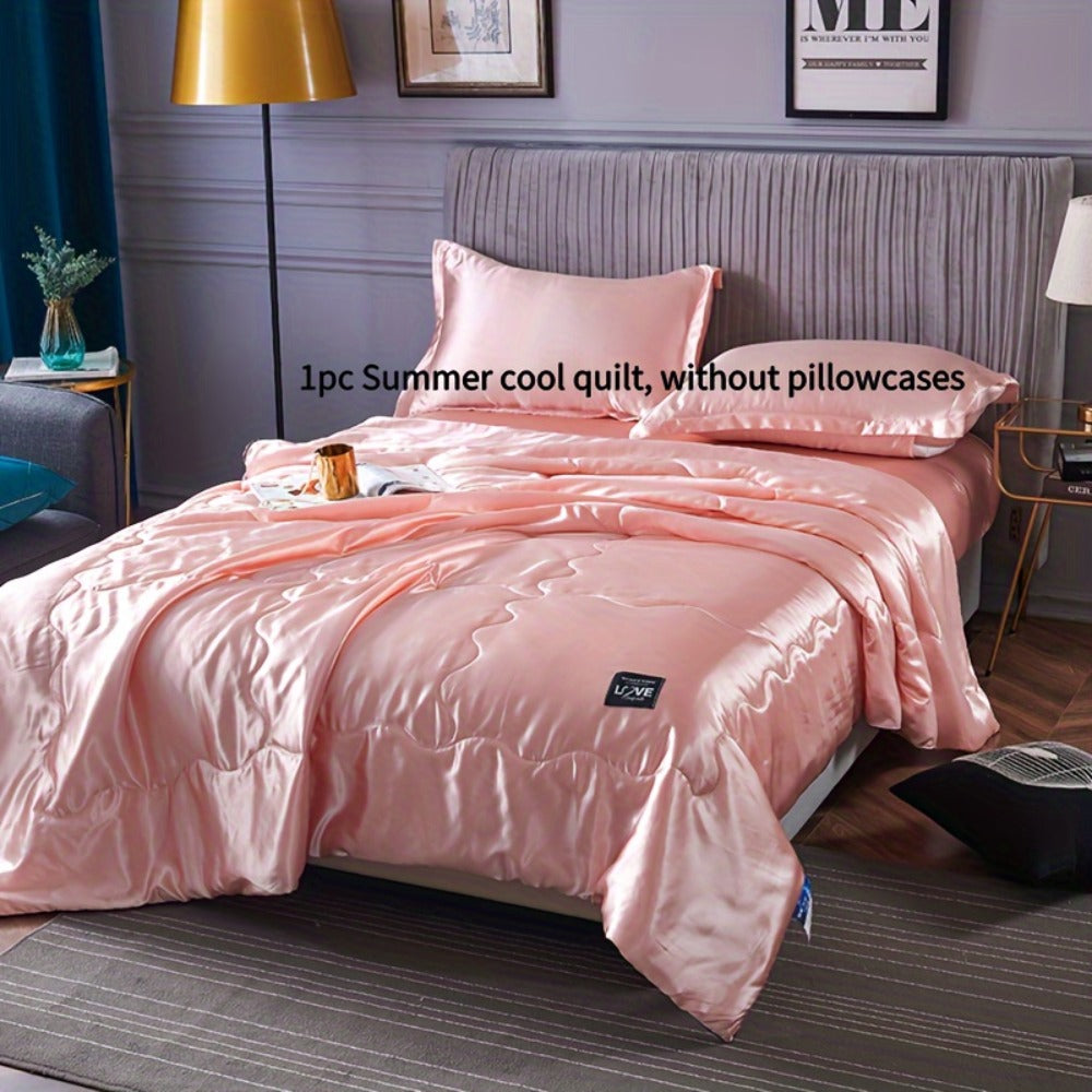 Cooling Satin Quilt Summer Comforter Ultra-Soft Breathable Lightweight Blanket, Machine Washable Satin Weave Bedspread for Home Dorm Hotel, Twin Full Size, White Silvery Grey Pink Lake Blue