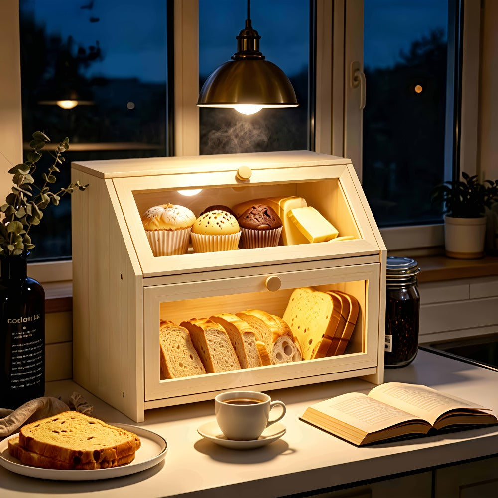 Bread Box for Kitchen Countertop ¨C Large Capacity Bread Storage Container with Transparent Window, Multi-Layer Design for Loaves, Pastries & Baked Goods ¨C Modern Food Storage Box