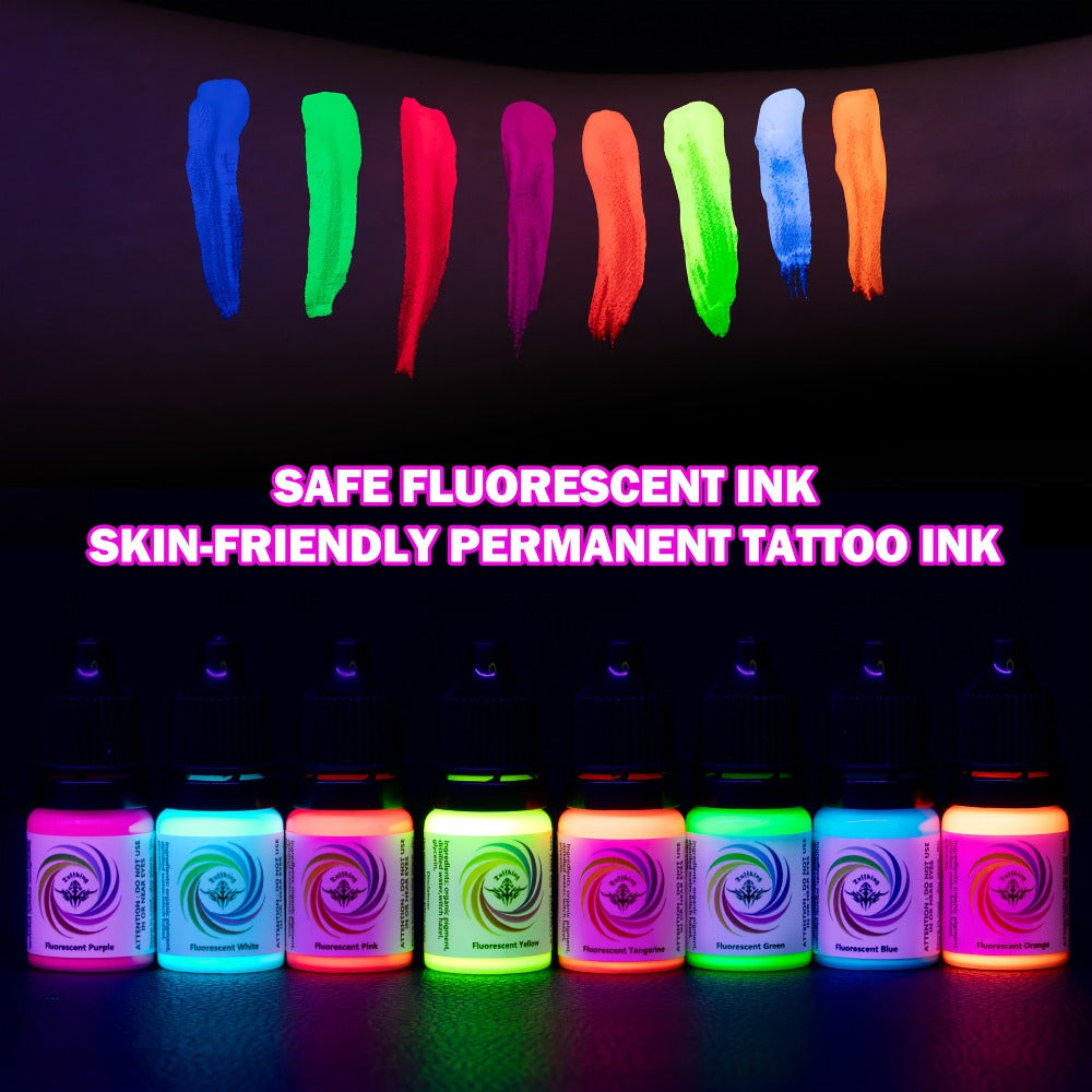 UV Fluorescent Tattoo Ink Set 8 Colors ¨C Professional Long-Lasting Blacklight Tattoo Pigment for Body Art, Permanent Makeup & DIY Tattoo ¨C Vibrant Neon Violet Glow Ink