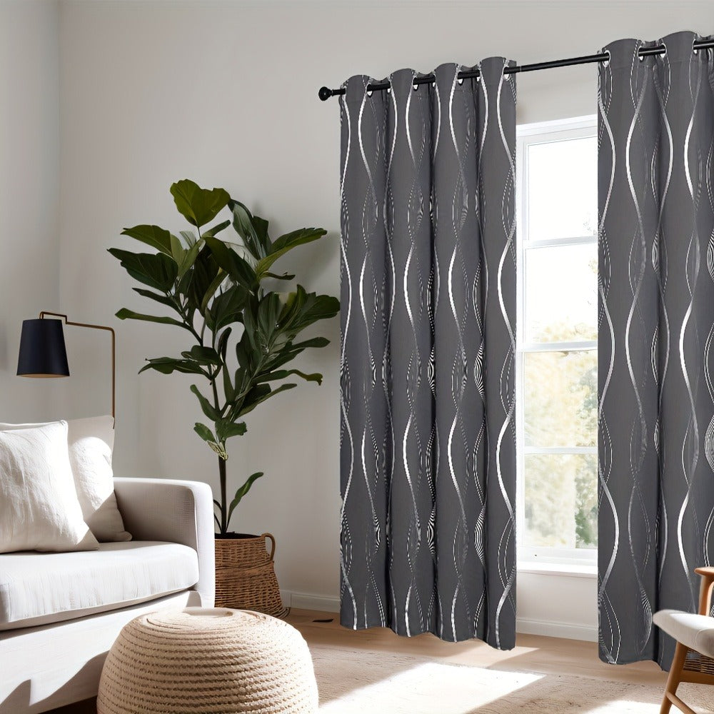 Thermal Insulated Blackout Curtains 2 Panels Wave Line Foil Print Noise Reducing Room Darkening Drapes for Bedroom Living Room Patio Sliding Glass Door