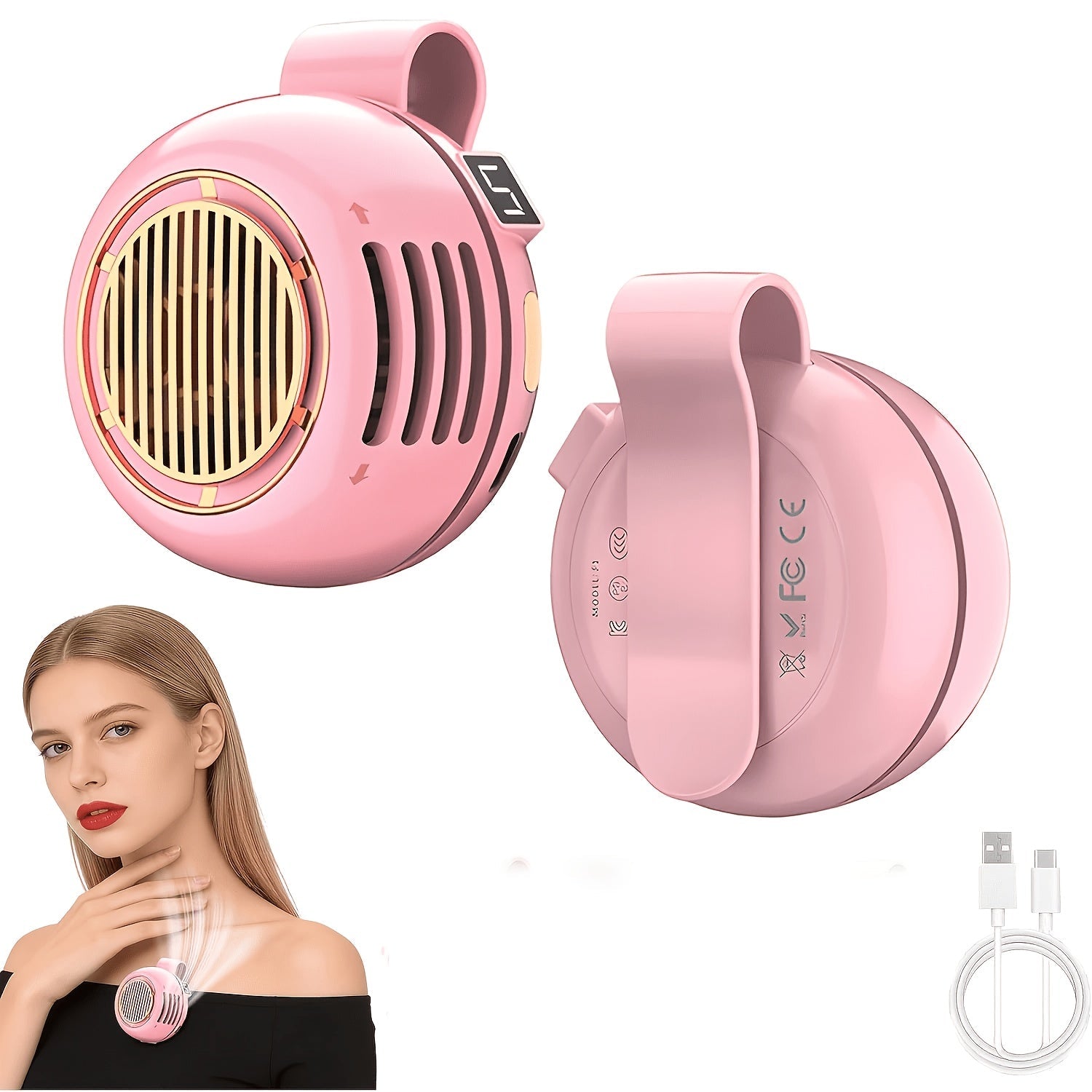 Clip-On Bladeless Neck Fan 360¡ã Surround Wind | Rechargeable Hands-Free Mini Fan for Shirt & Waist, Portable Personal Cooling for Outdoor, Travel & Sports ¨C Digital Display Option, Pink, Green & White, 1pc & 2pcs