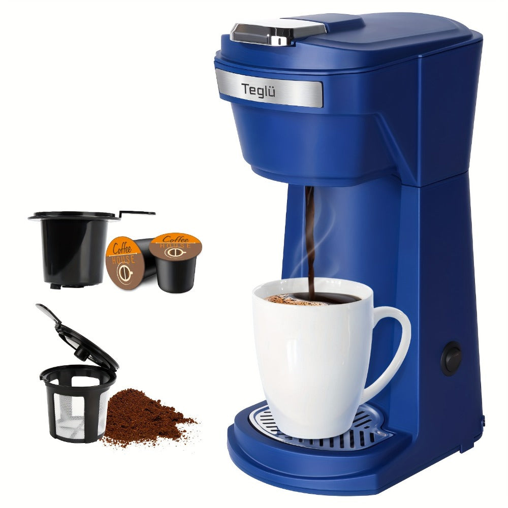 Single Serve Coffee Maker 2-in-1 for K-Cup Pods and Ground Coffee One-Button Operation 6-14oz Brew Sizes Auto Shut-Off Stainless Steel Drip Coffee Machine Blue Black Red Grey