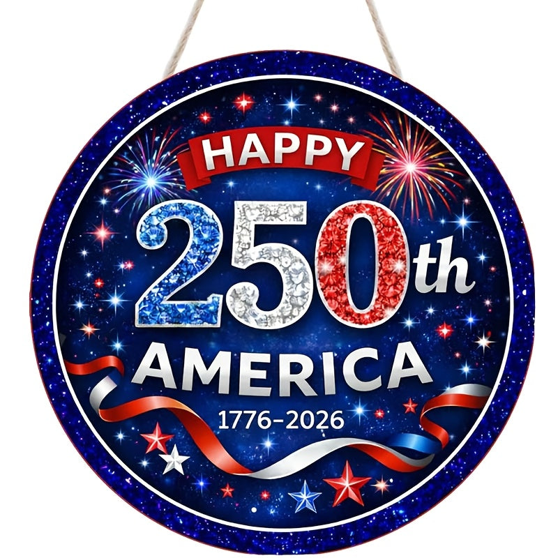 Patriotic Wooden Door Sign 250th Anniversary 1776-2026 Retro Round Wreath 4th of July Independence Day Hanging Decoration Home Porch Outdoor Wall Decor