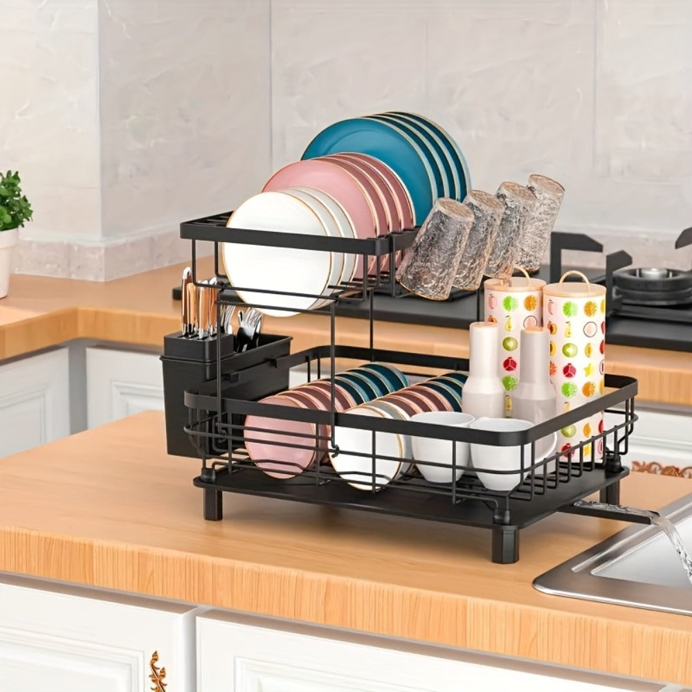 Dish Drying Rack 2-Tier Large Capacity Stainless Steel Detachable Dish Drainer for Kitchen Counter with Utensil Holder and Drain Board in Black White Gray