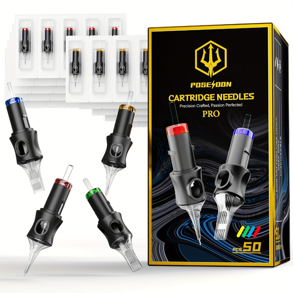 Tattoo Cartridge Needles 50pcs Mixed Size ¨C POSEIDON V5 Disposable Round Liner, Shader & Curved Needles (5RL 7RL 9RL 5RS 7RS 9RS 7RM 7M1 15M1 15RM) with Safety Membrane