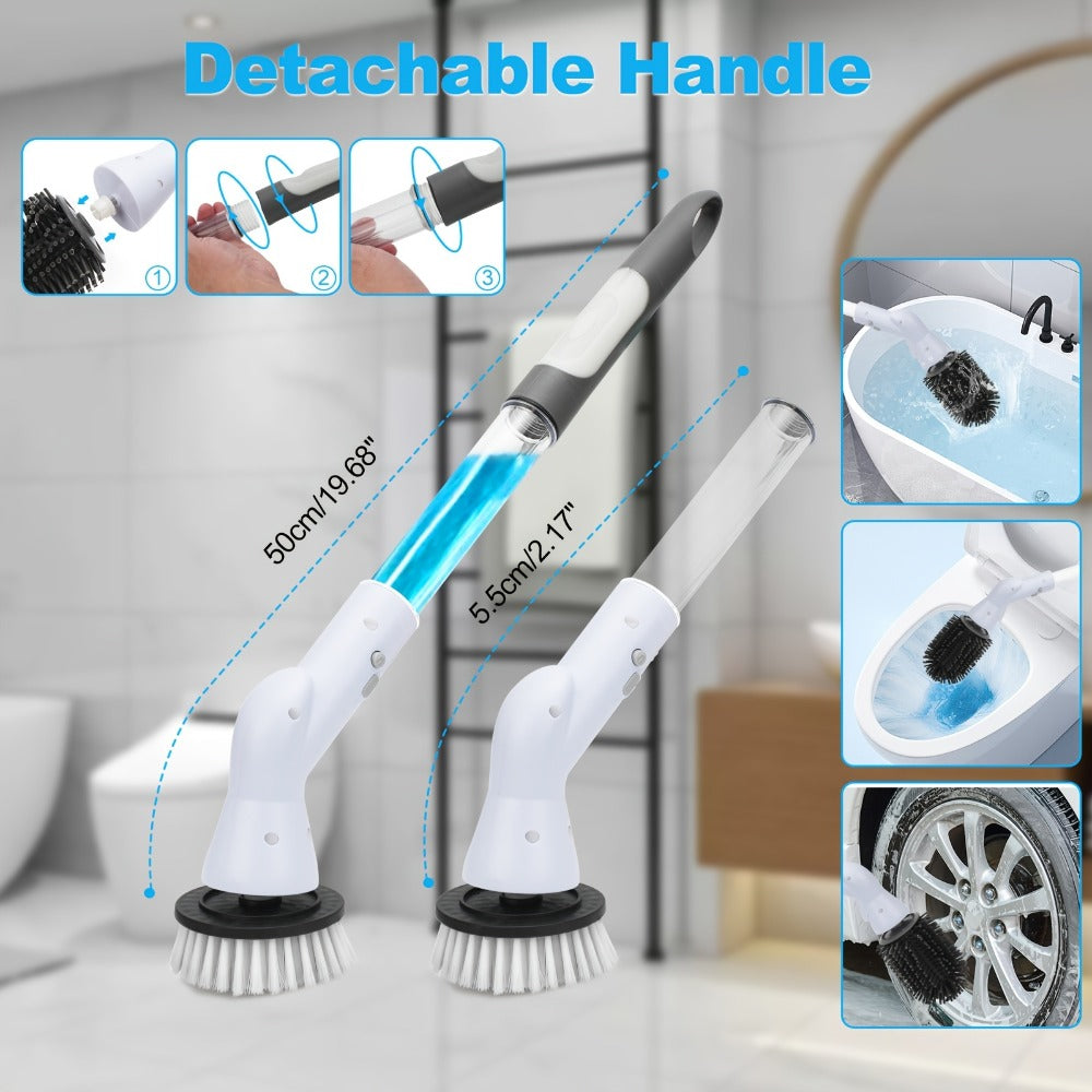 Electric Spin Scrubber Cordless Rechargeable - Adjustable Handle with 6 Brush Heads, All-Purpose Power Scrubber for Bathroom, Kitchen, Tile, Shower, Tub & Car, Time-Saving Cleaning Tool, White