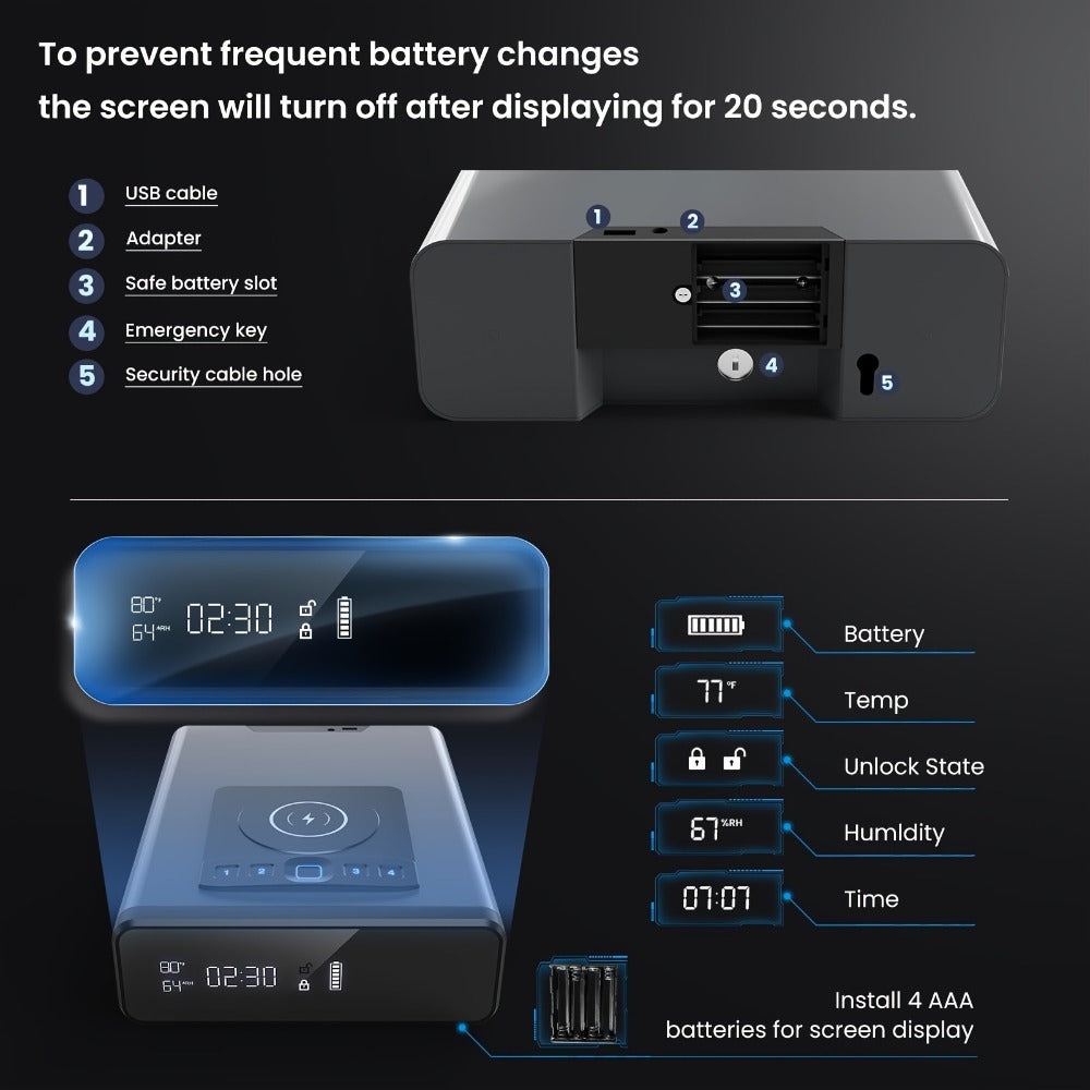 Biometric Gun Safe with Fingerprint Lock LED Clock and Wireless Charging DOJ Pistol Safe Backlit Keypad LED Light 2-in-1 Watch Mobile Charging Jewelry Storage Bedside Nightstand Safe Grey Black