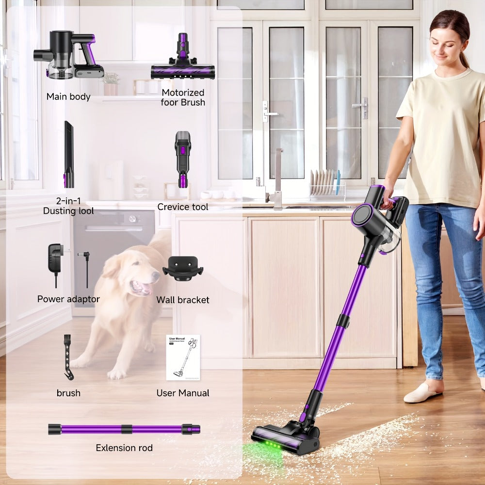 Cordless Stick Vacuum Cleaner 51-68KPa 3-Speed LED Floor Brush 45-Min Runtime Detachable Lightweight for Pet Hair Carpet Hard Floor