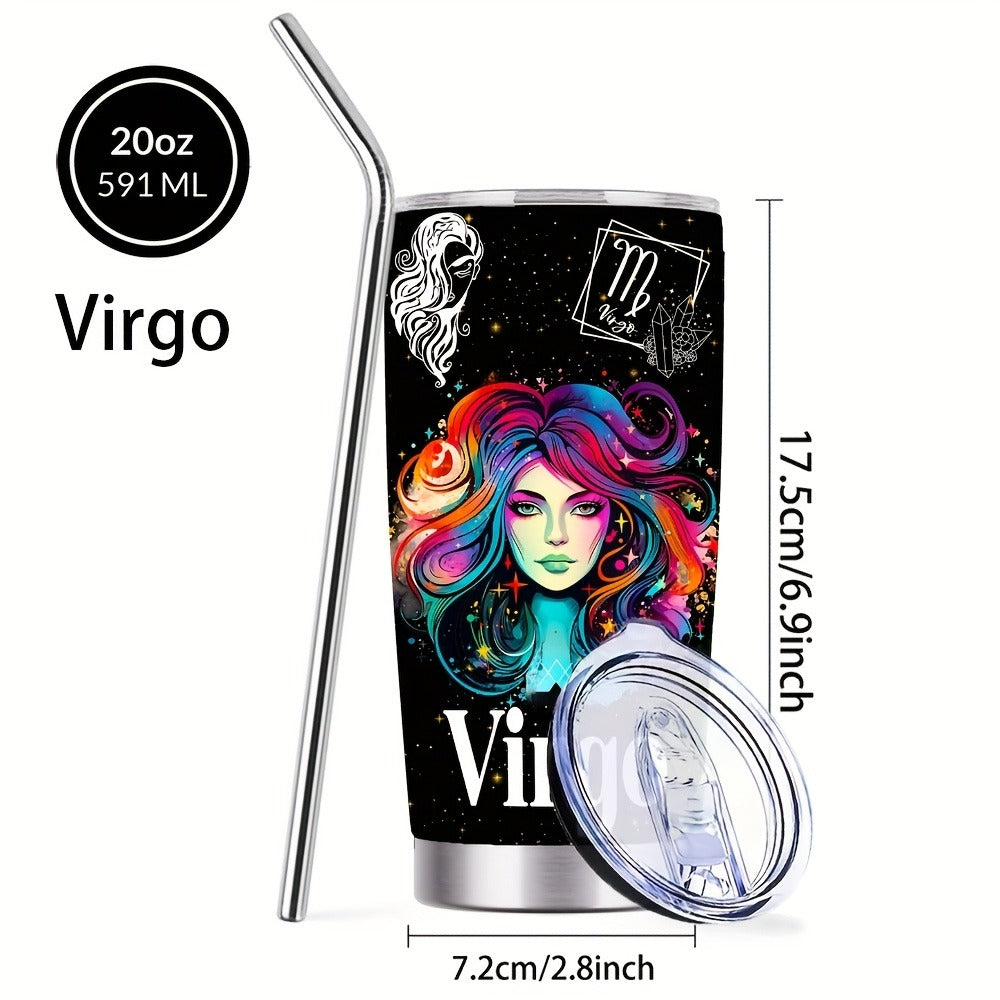 Zodiac Sign Insulated Tumbler 20oz Stainless Steel Travel Cup with Lid & Straw Hot Cold Drinks Horoscope Coffee Mug Gift for Men Women Birthday Christmas