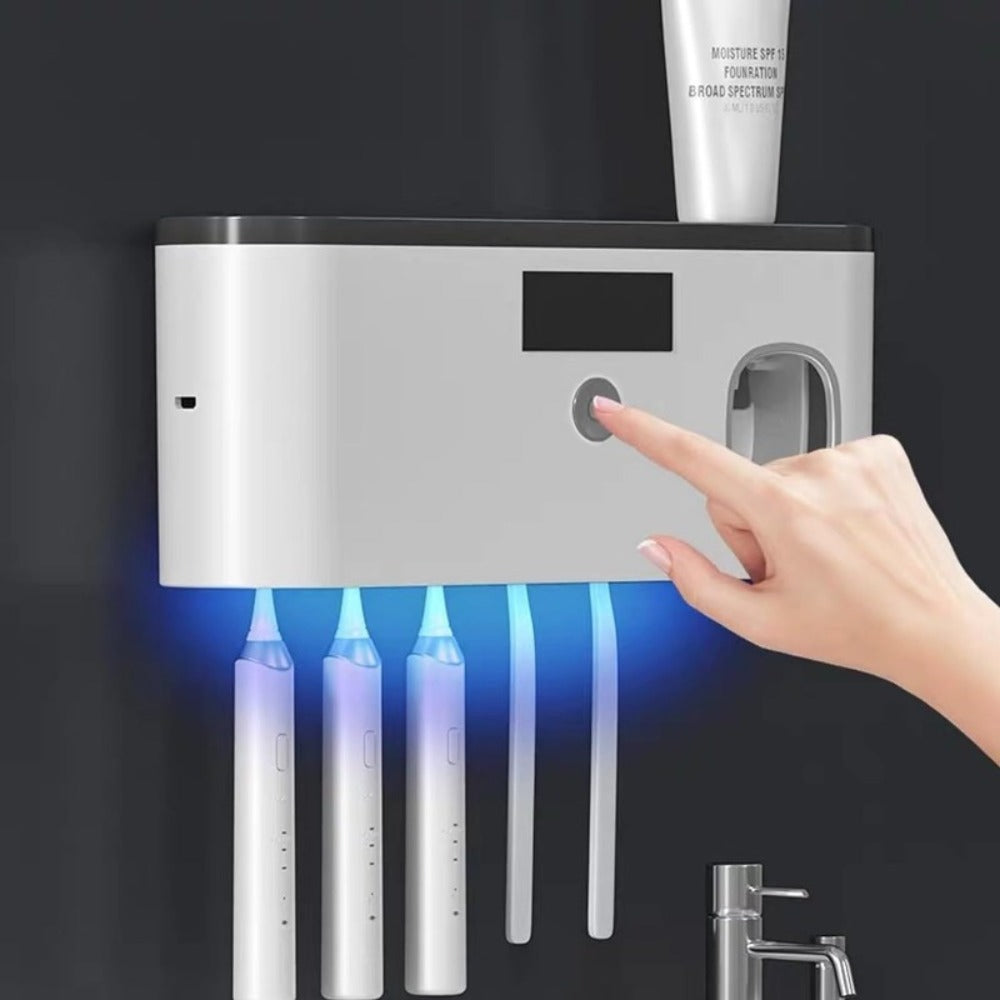 Toothbrush Holder Wall Mount with Toothpaste Dispenser Solar Rechargeable Cordless Space Saving Bathroom Organizer Toothbrush Storage for Bathroom Counter Vanity