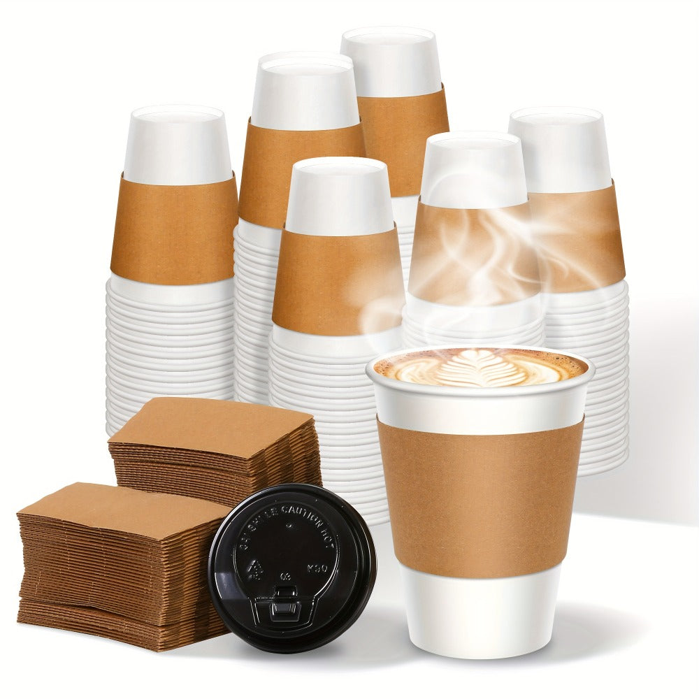 Disposable Paper Coffee Cups with Lids and Sleeves 12oz ¨C Leak-Proof To-Go Hot Coffee Cups with Insulated Sleeve for Home, Office, Party & Coffee Bar | 50 or 100 Pack