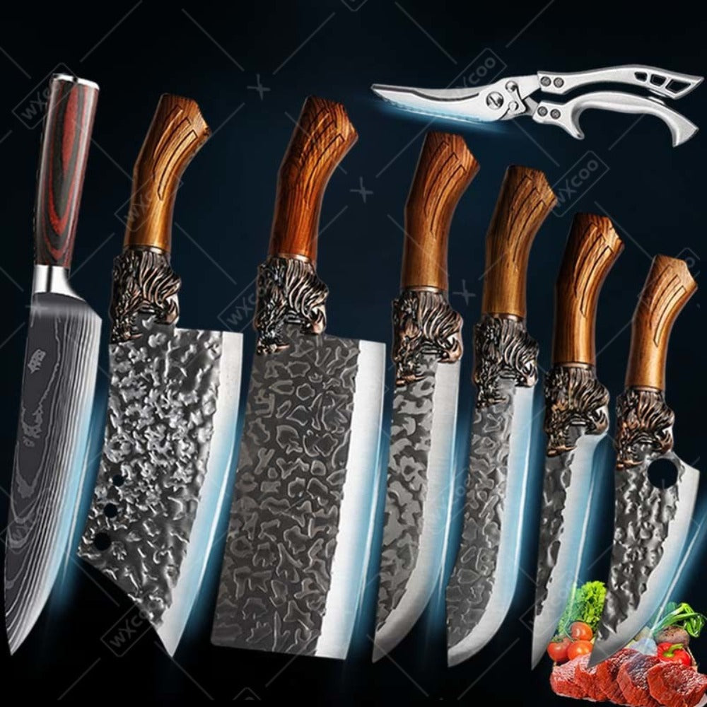 Chef Knife Set 8 PCS Professional Kitchen Knives - Stainless Steel Forged Blade, Boning Knife, Butcher Knife & Kitchen Scissors, Ultra-Sharp Full Tang Design