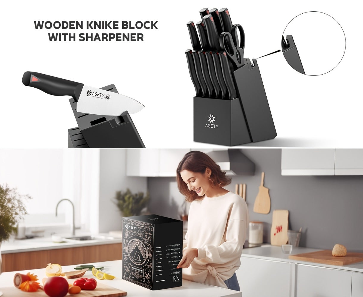 15-Piece Kitchen Knife Set with PP Handle, Professional Chef Knife Set with Block, Stainless Steel Sharp Blade, Ergonomic Non-Slip Handle, Home Cooking & Restaurant Knife Set