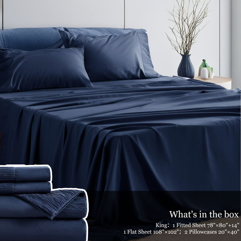Bed Sheet Set 4-Piece Soft Breathable Cooling Sheets - Flat Sheet, Fitted Sheet & 2 Pillowcases, Wrinkle-Free Hotel Luxury Bedding, All Season Comfort