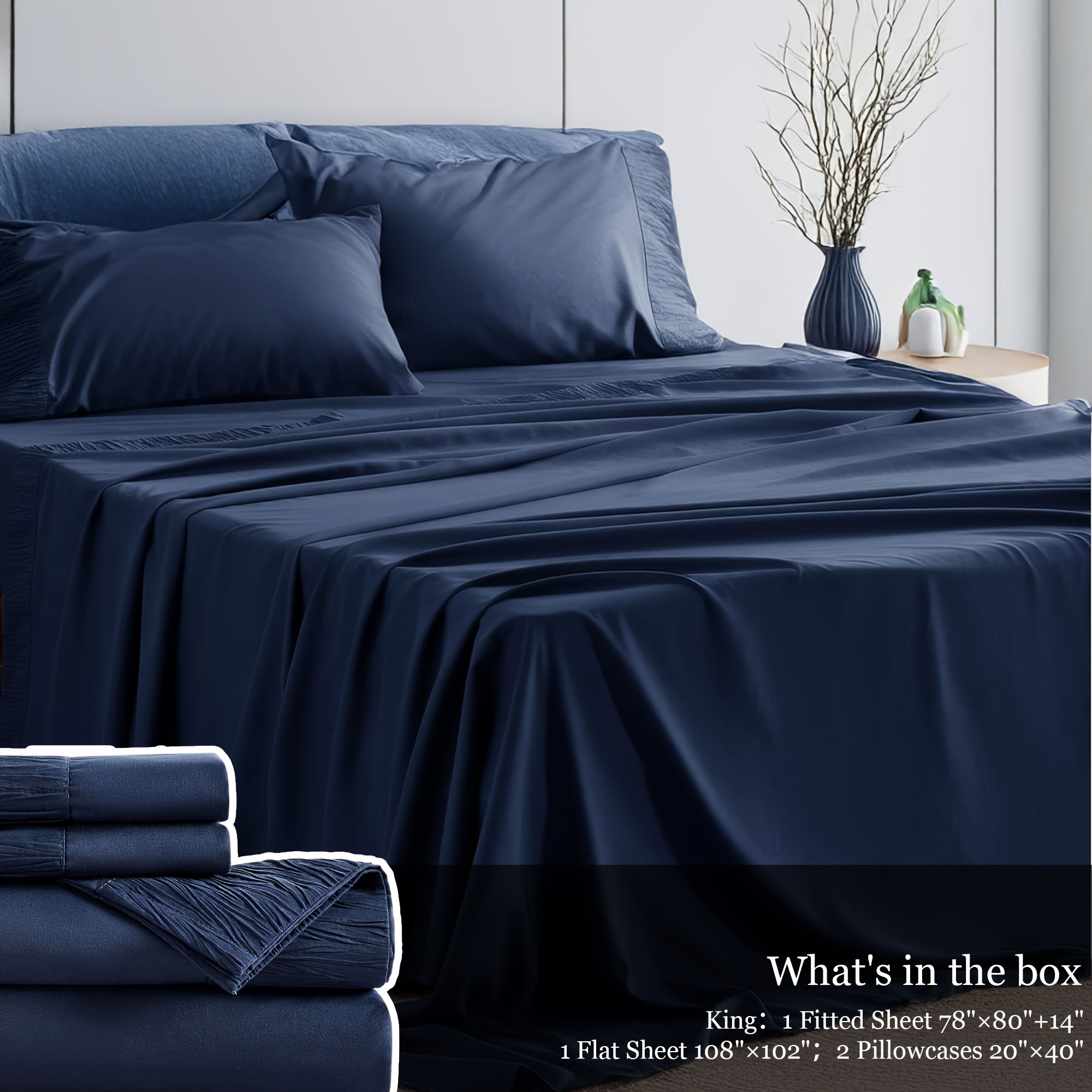 Bed Sheet Set 4-Piece Soft Breathable Cooling Sheets - Flat Sheet, Fitted Sheet & 2 Pillowcases, Wrinkle-Free Hotel Luxury Bedding, All Season Comfort