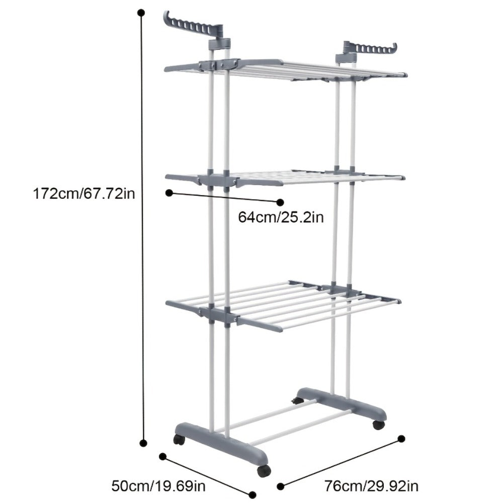 Clothes Drying Rack 4-Tier Foldable Metal Laundry Rack with Rolling Casters, Holds 30+ Garments, Adjustable Shelf Heights, Freestanding Collapsible Clothes Dryer Stand for Bedroom Bathroom Nursery Small Spaces